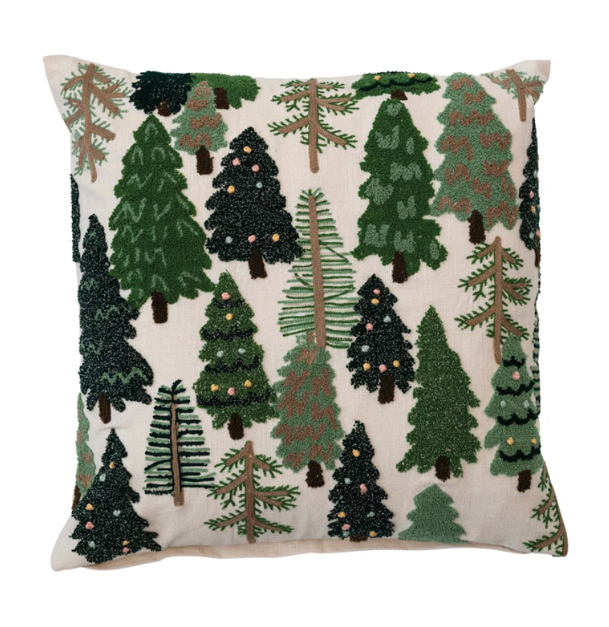 20" Square Embroidered Pillow w/ Trees & French Knots