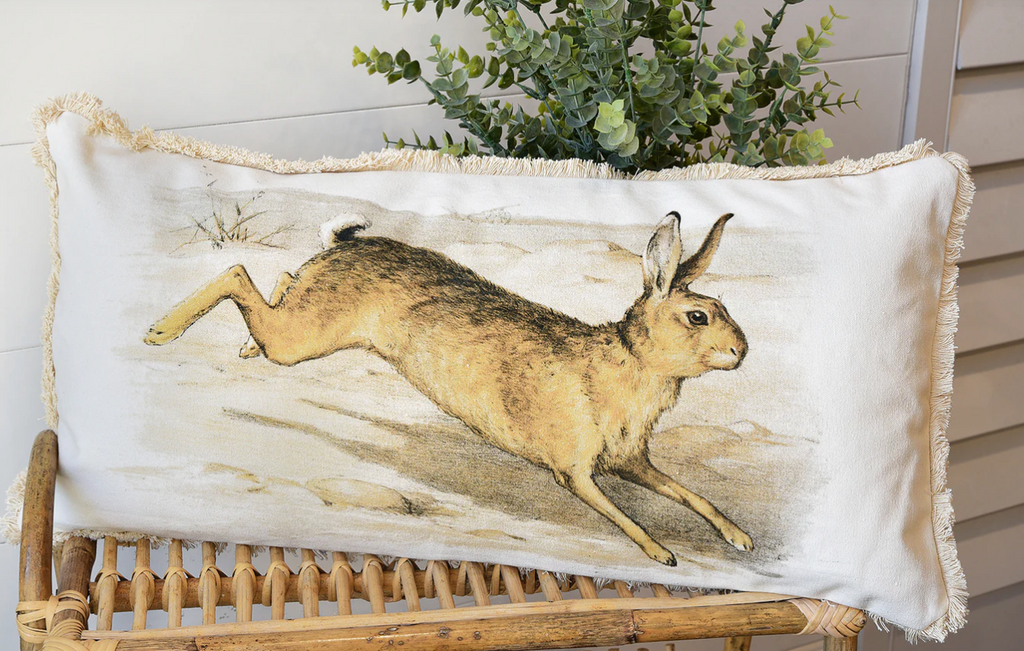 24" x 12" Cotton Lumbar Fringe Pillow with Rabbit Print