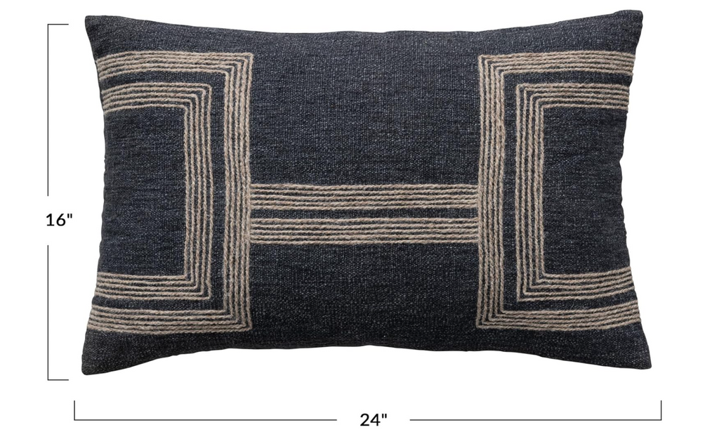 24" Jute Embroidered Cotton Lumbar Pillow, Charcoal