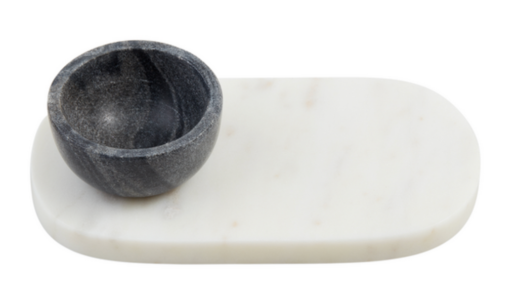 White Marble Dip Tray with Black Marble Bowl