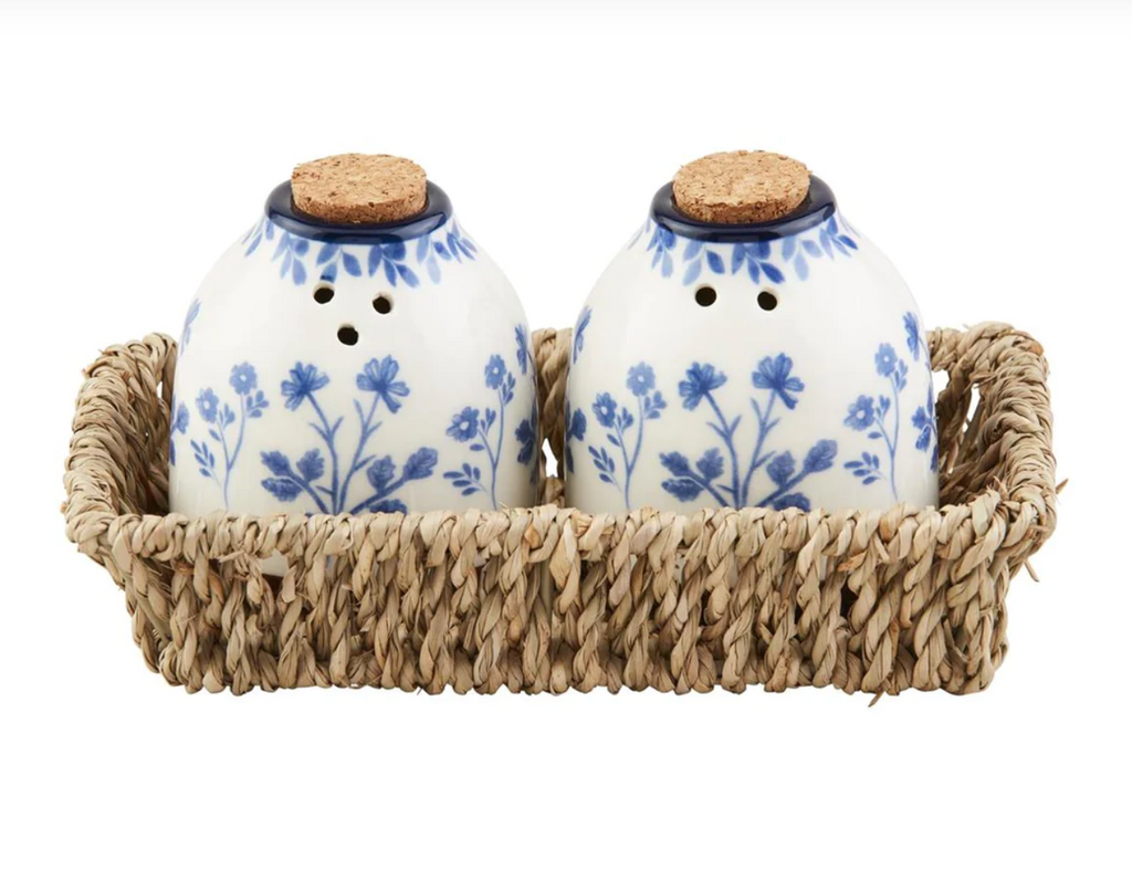 Blue Floral Salt & Pepper Shakers w/ Seagrass Basket, 3 Pieces
