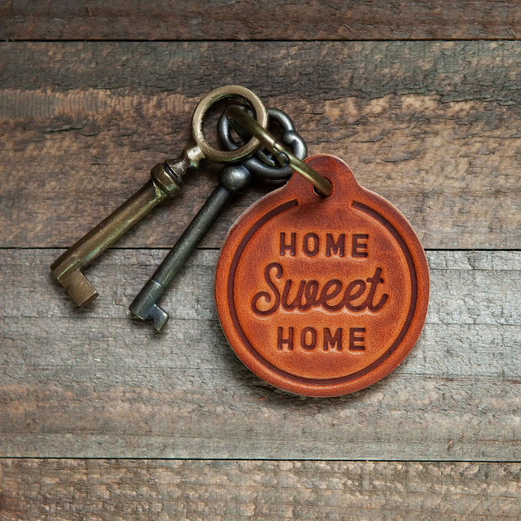 "Home Sweet Home" Hand Pressed Leather Circle Keychain