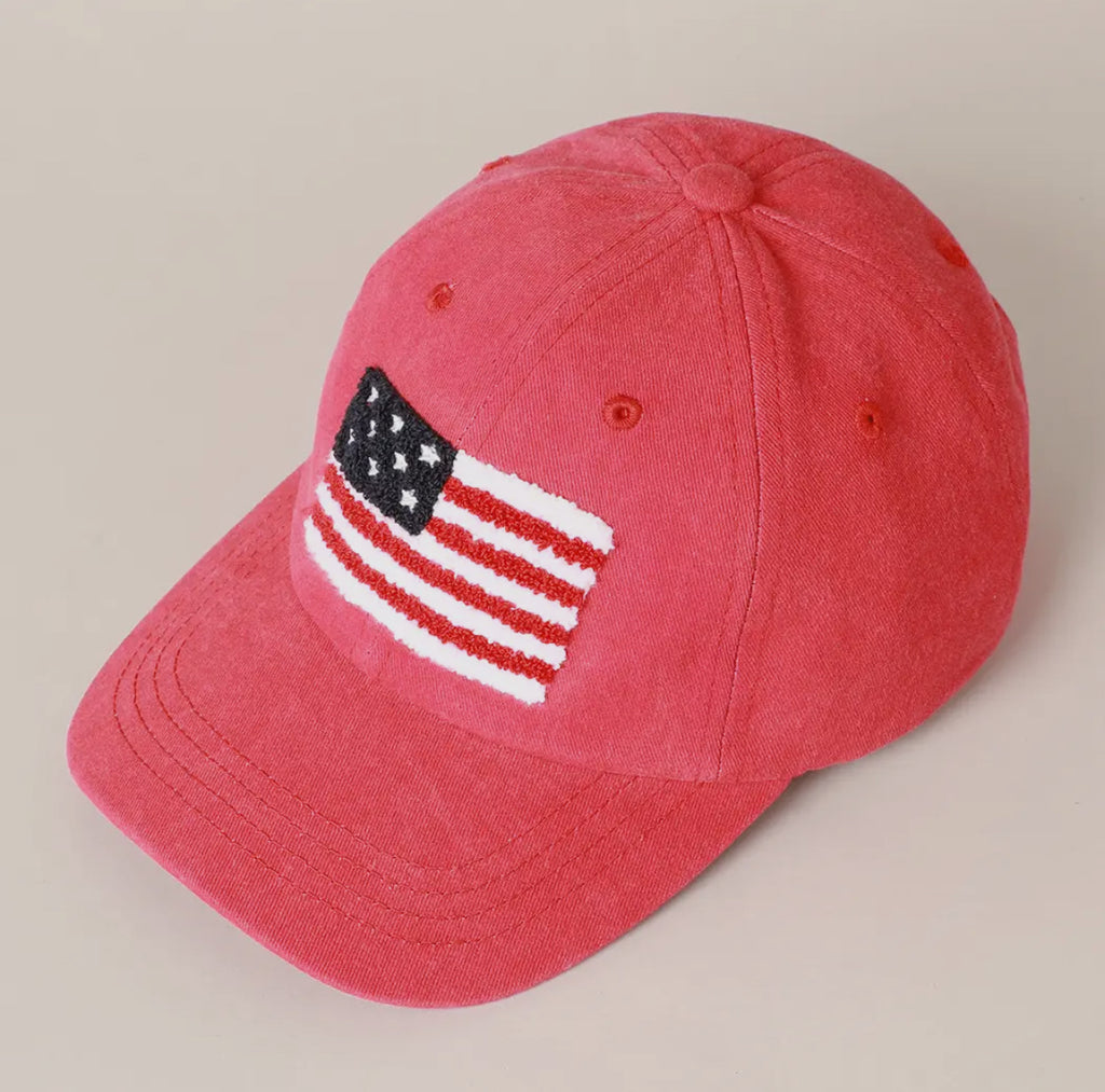 American Flag Red Baseball Cap w/ Chenille Patch, One Size