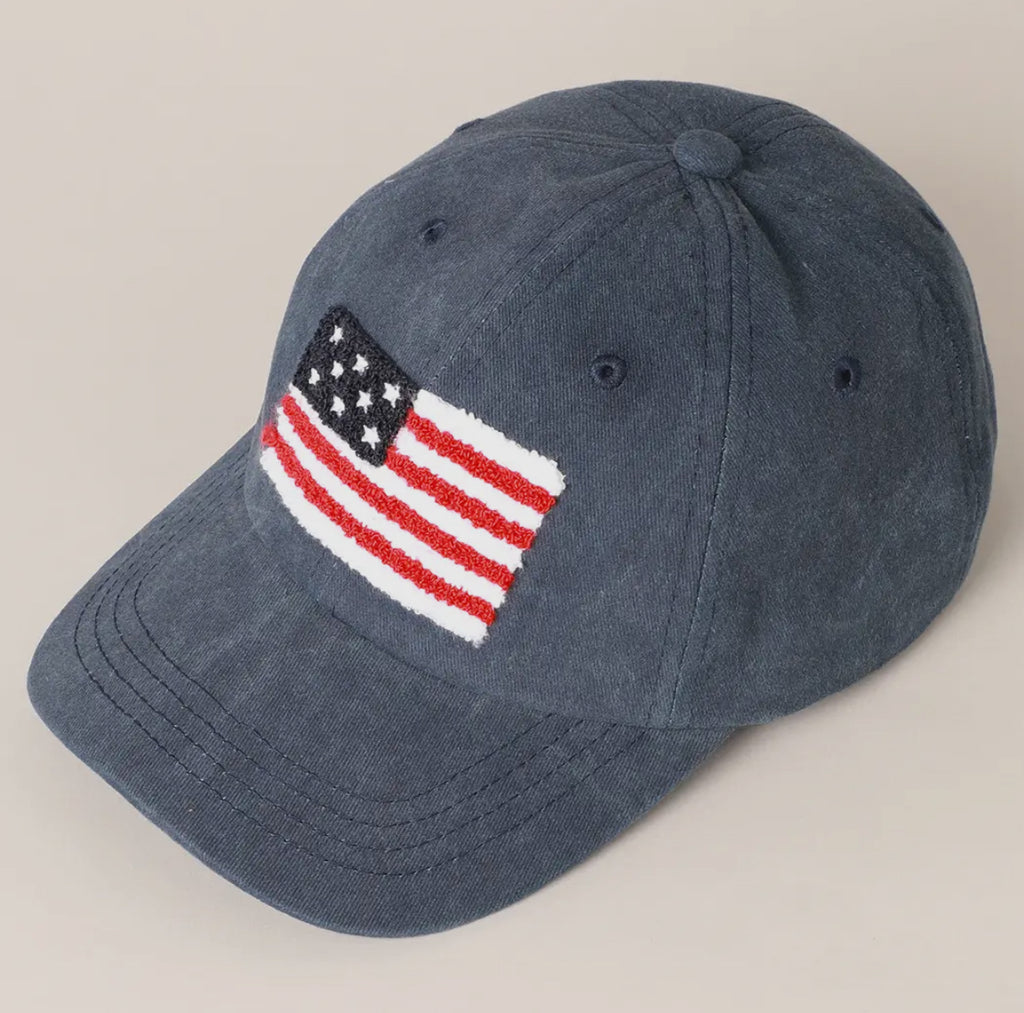 American Flag Navy Baseball Cap w/ Chenille Patch, One Size