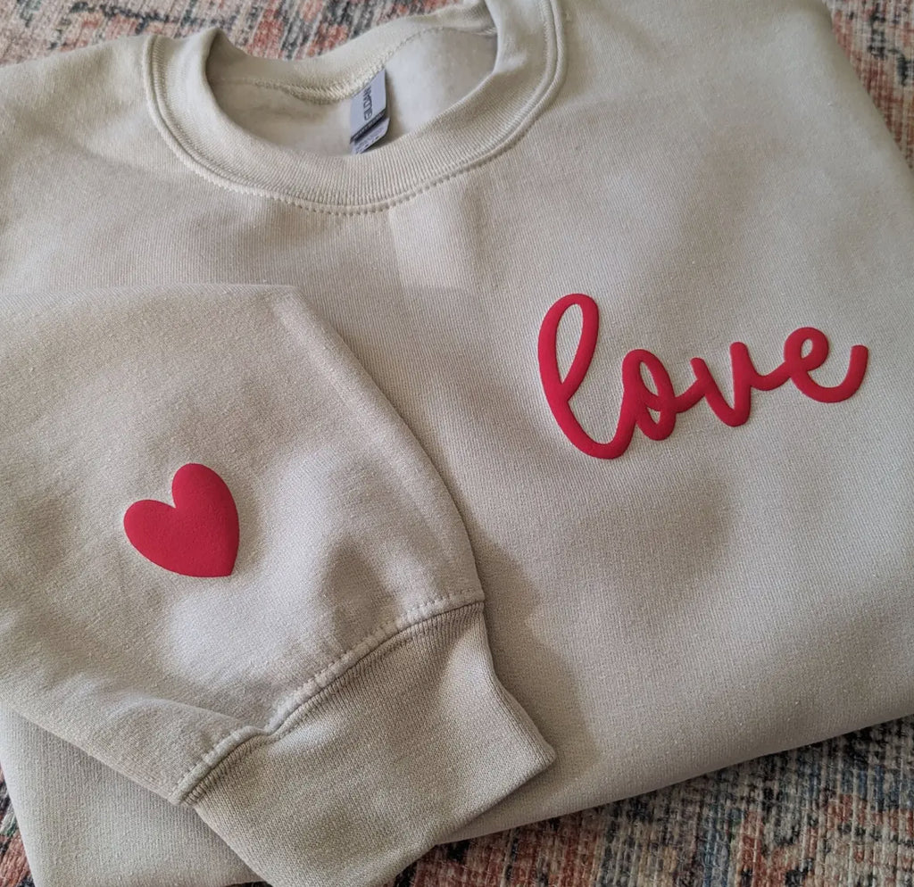 White "Love" Puff Print Sweatshirt w/ Heart on Sleeve, 4 Sizes