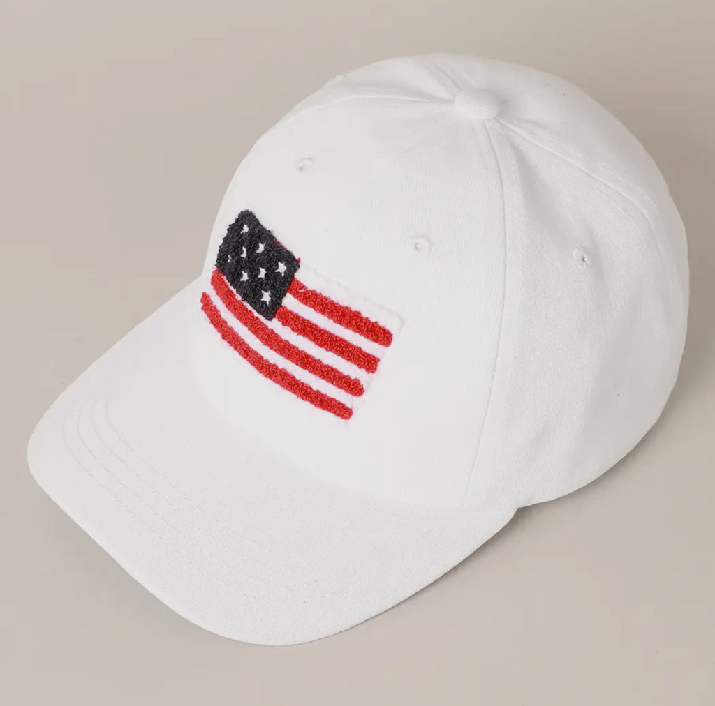 American Flag White Baseball Cap w/ Chenille Patch, One Size