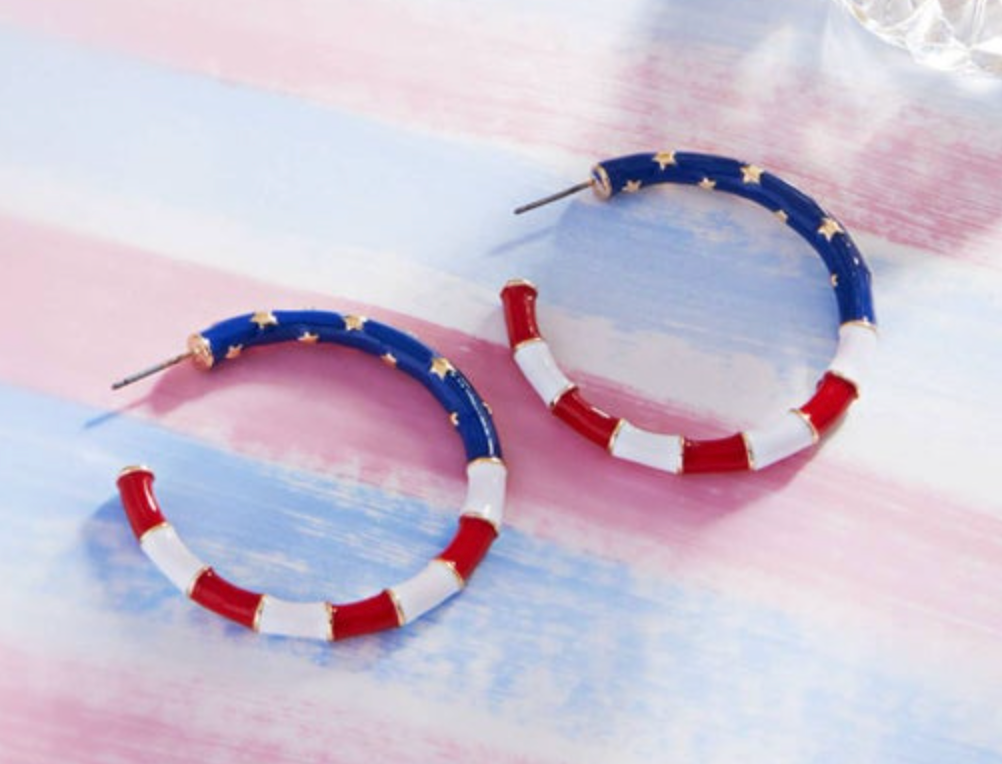 American Flag Enamel Hoop Patriotic Earrings