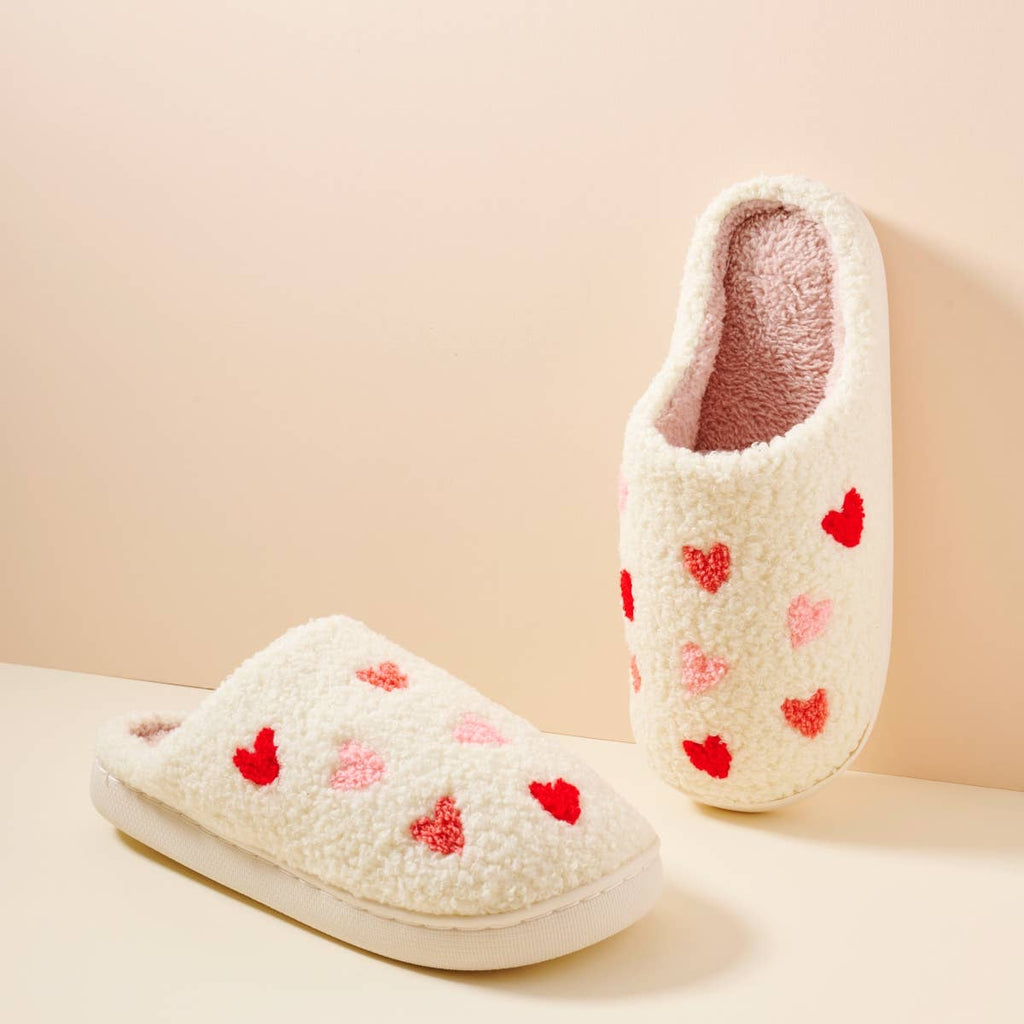 White Fuzzy Slippers w/ Pink & Red Hearts, 3 Sizes