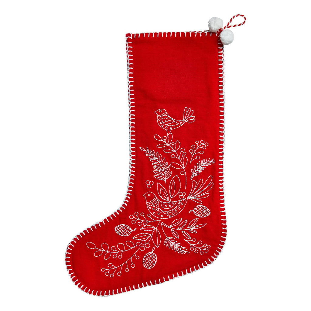 Embroidered Red Partridge Stocking w/ Pom Poms