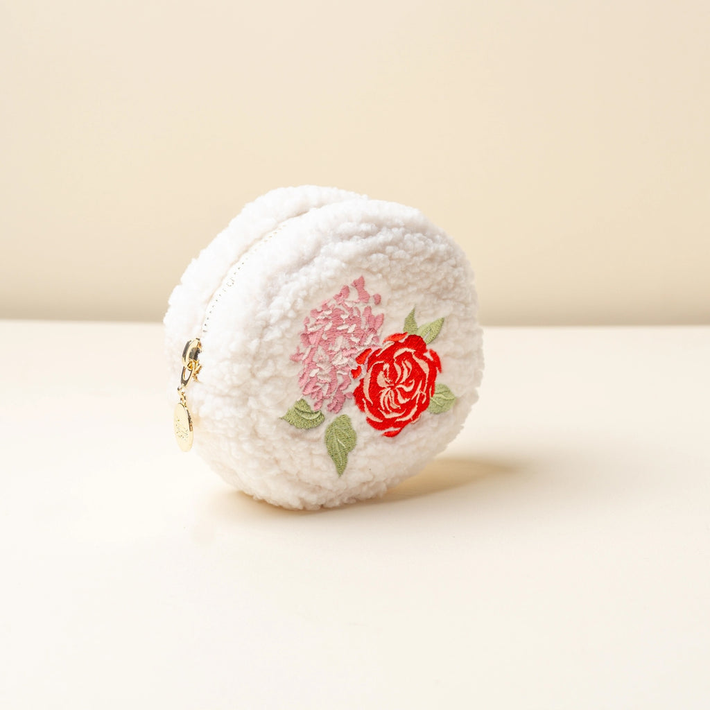 White Round Teddy Pouch w/ Roses