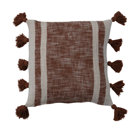 18" Square Brown & Cream Cotton Slub Pillow w/ Tassels