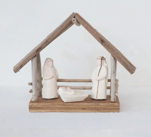 Handmade Driftwood and Paper Mache Nativity with Wood Base