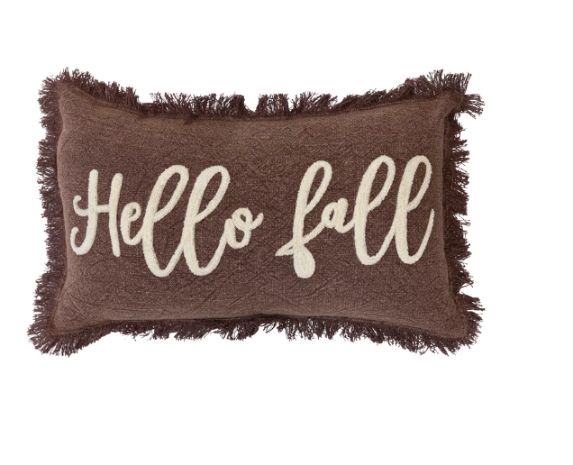 20" x 12" Brown Stonewashed Cotton "Hello Fall" Pillow