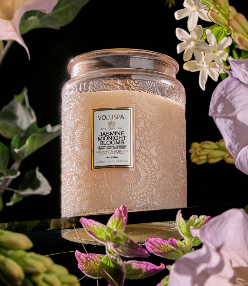 Voluspa Jasmine Midnight Blooms Large Embossed Glass Jar Candle