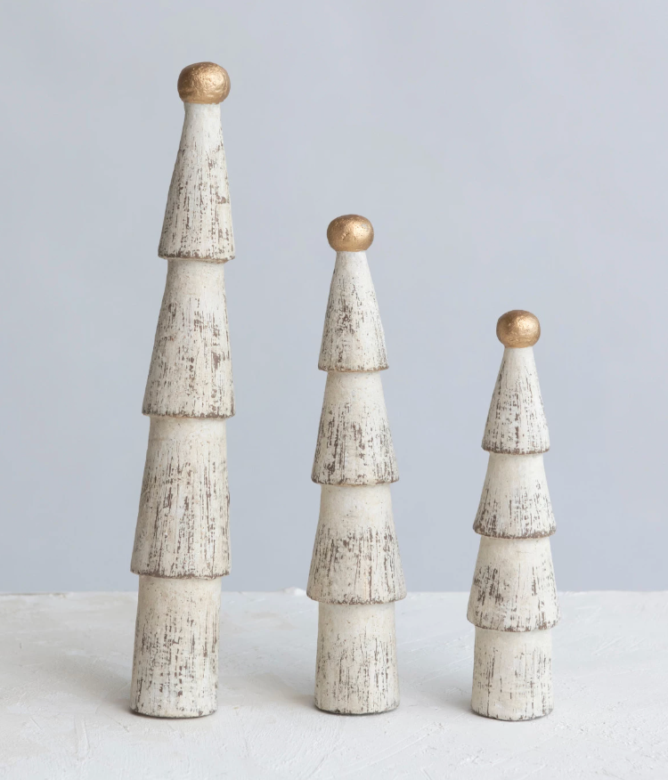 Handmade Paper Mache Trees w/ Gold Ball Top, Distressed Cream