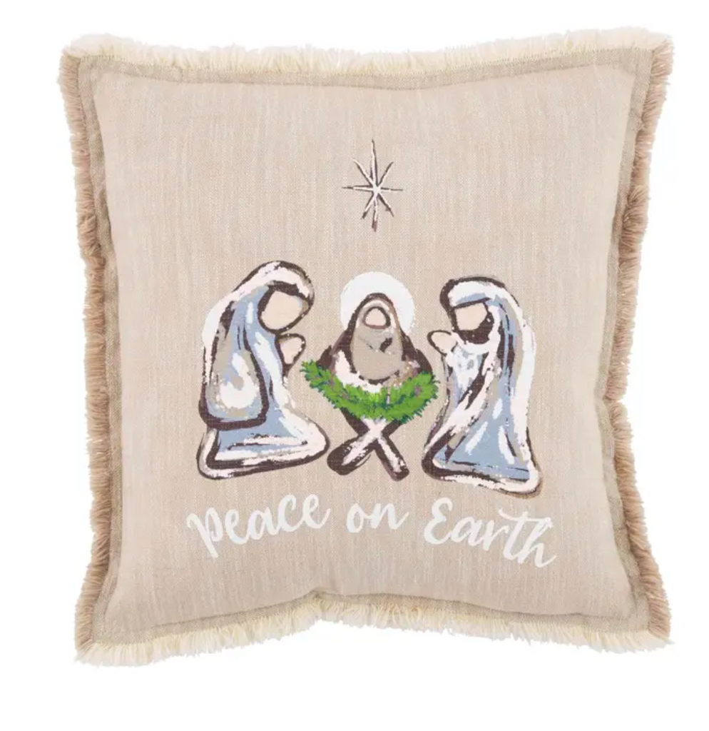 Hand Painted "Peace on Earth" Nativity Pillow, 18" x 18"