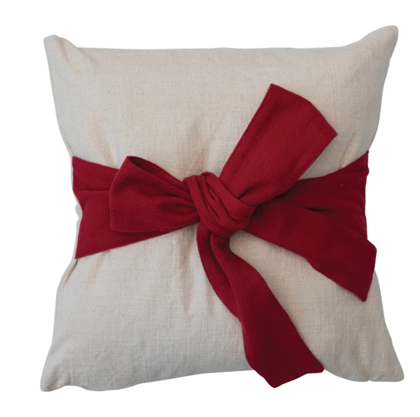 18" Hand-Woven Cotton Pillow w/ Red Bow, Cream