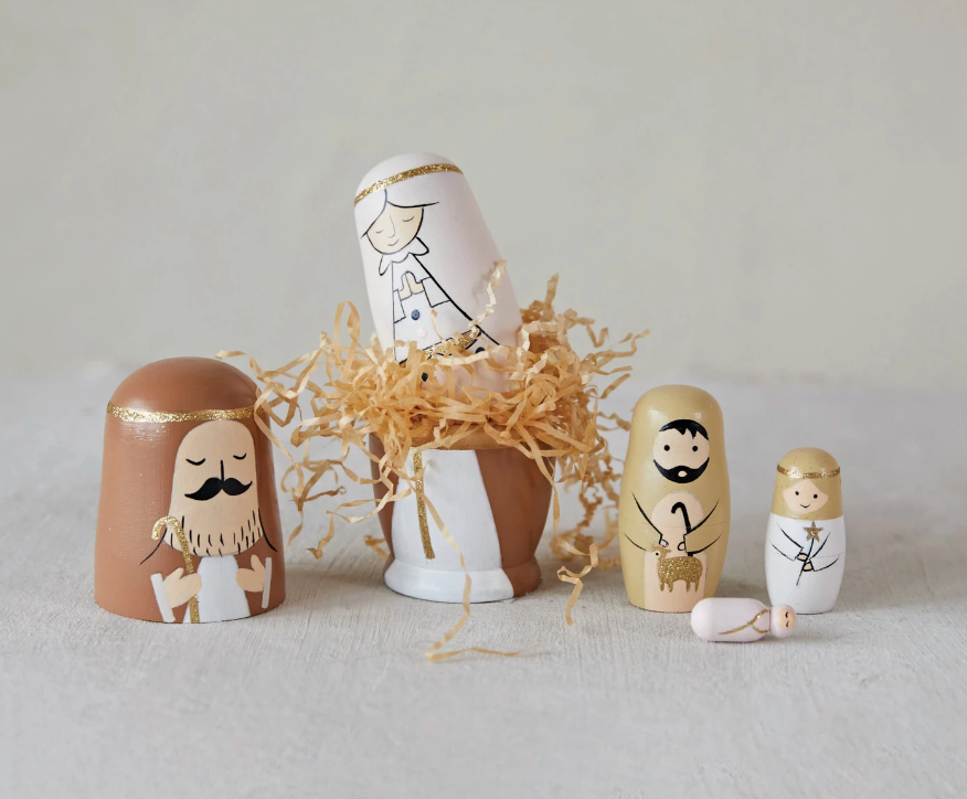 Hand-Painted Wood Nativity Nesting Dolls, Set of 5