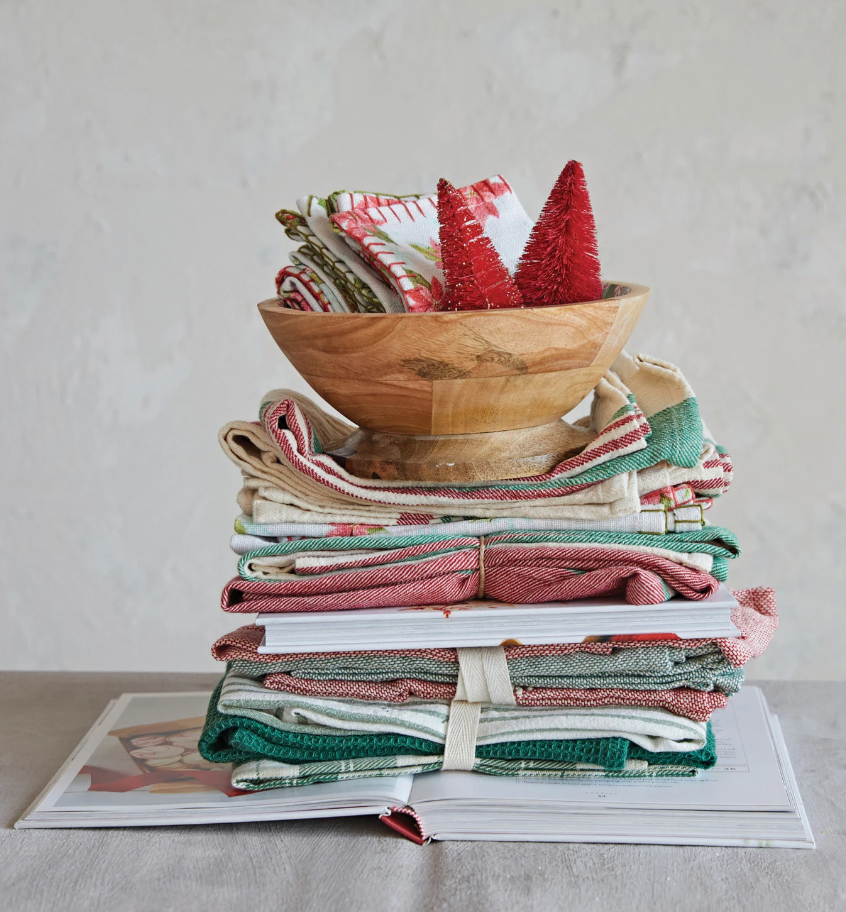 Cotton Red & Green Striped Tea Towel Set
