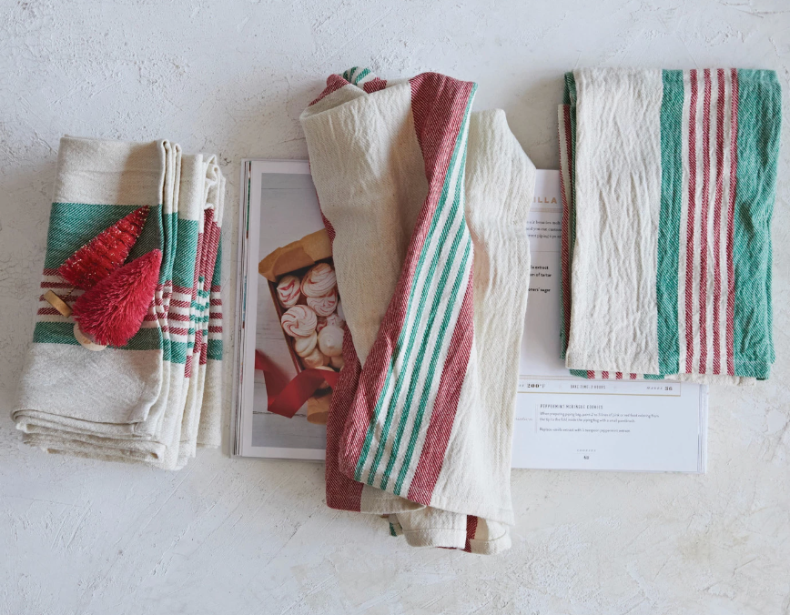 Cotton Red & Green Striped Tea Towel Set