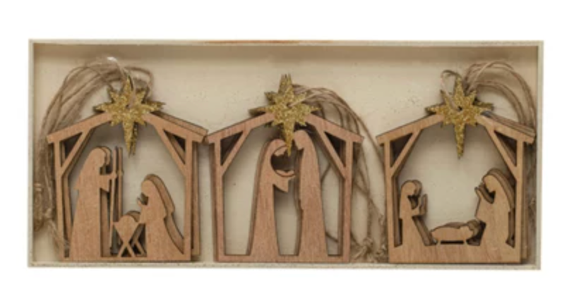 Boxed Wood Nativity Ornaments w/ Gold Glitter Star, Set of 9