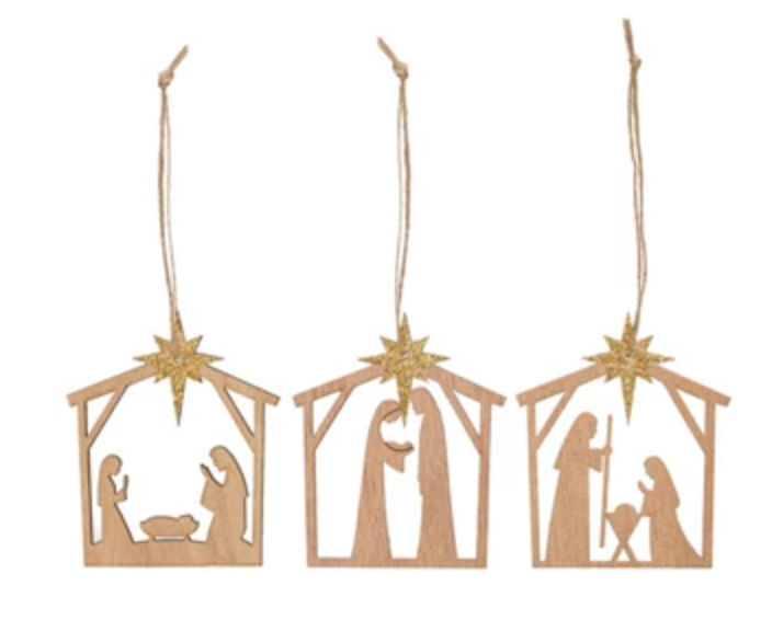 Boxed Wood Nativity Ornaments w/ Gold Glitter Star, Set of 9