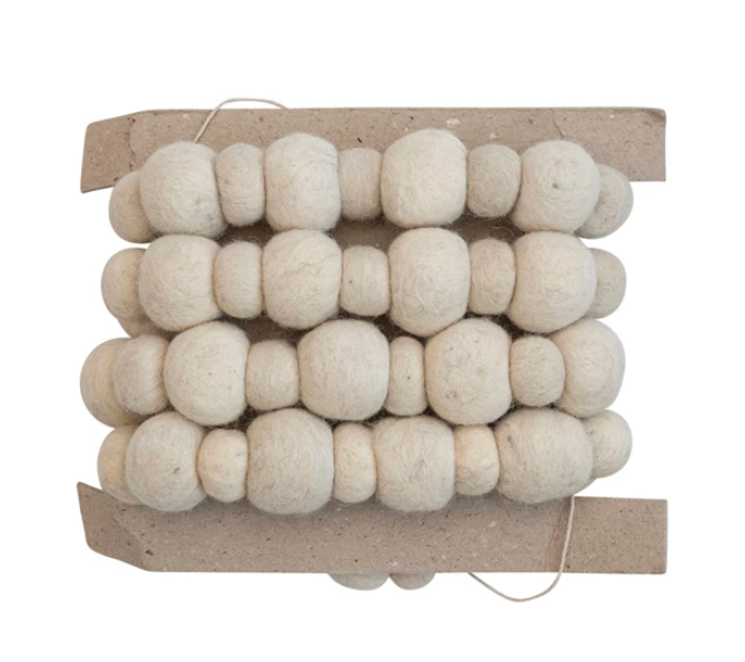 72"L Handmade Wool Felt Ball Garland, Cream