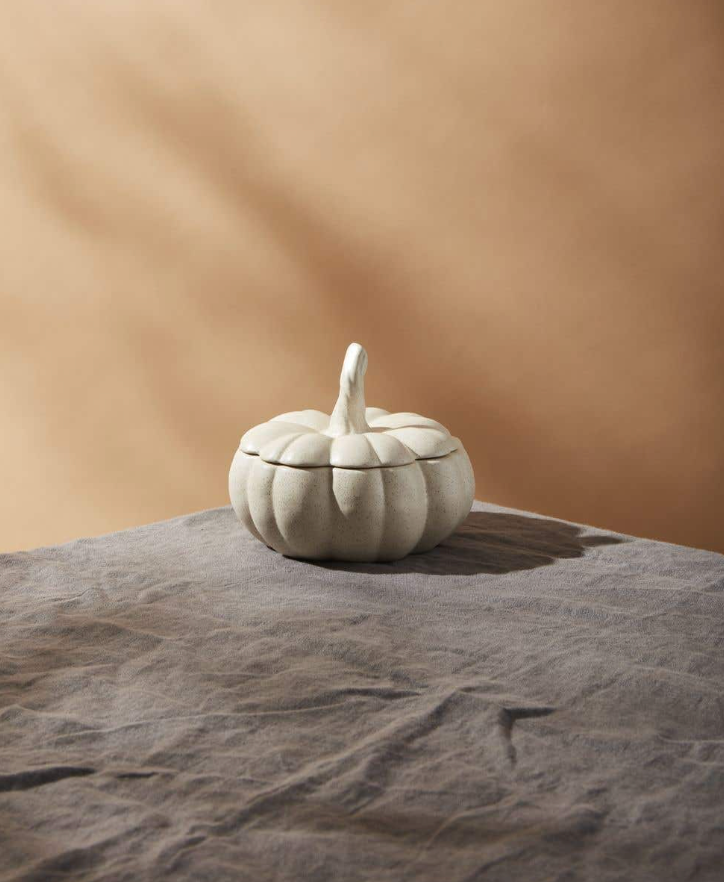 Glazed Ceramic Pumpkin Bowl w/ Lid, Cream