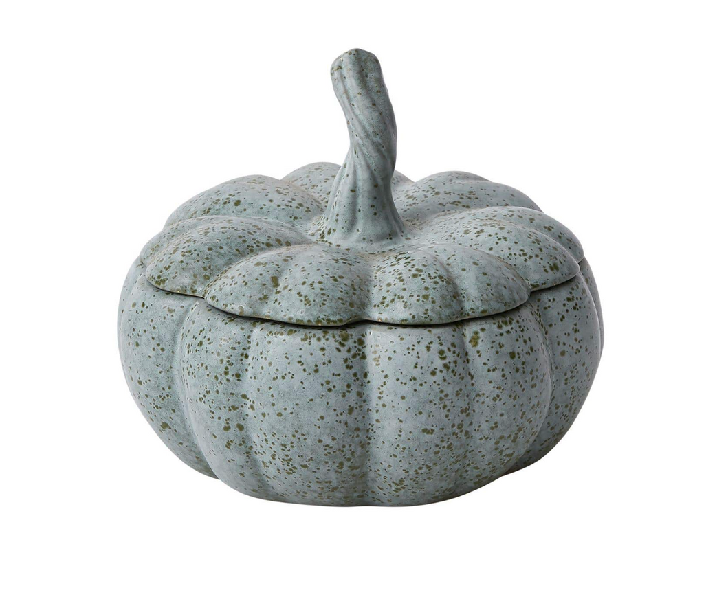 Glazed Ceramic Pumpkin Bowl w/ Lid, Speckled Green