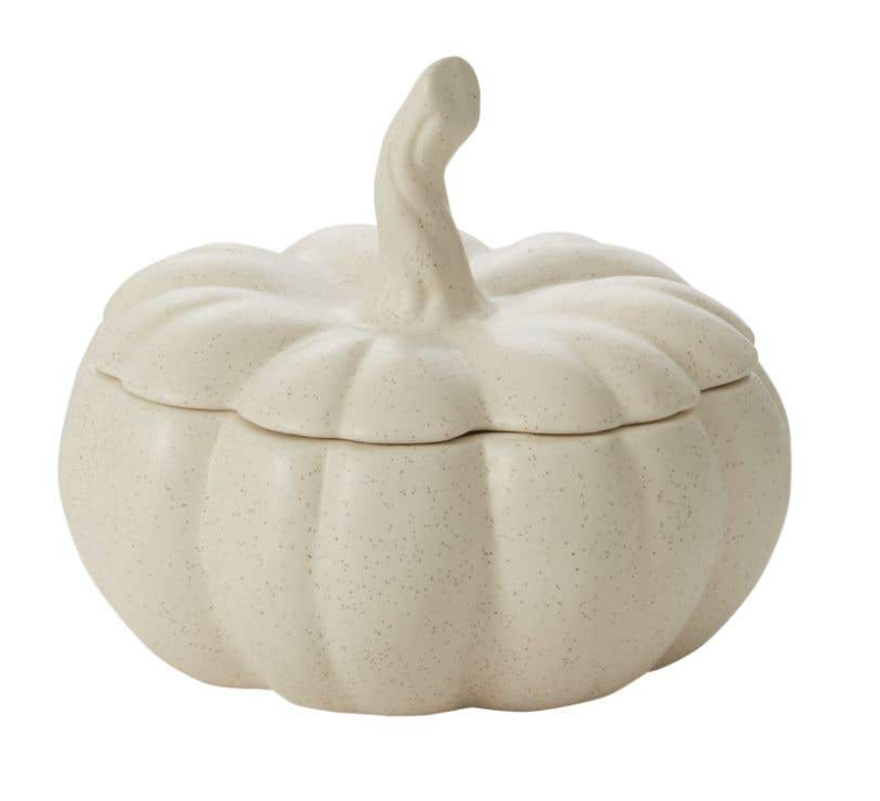 Glazed Ceramic Pumpkin Bowl w/ Lid, Cream