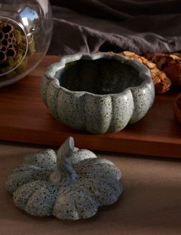 Glazed Ceramic Pumpkin Bowl w/ Lid, Speckled Green