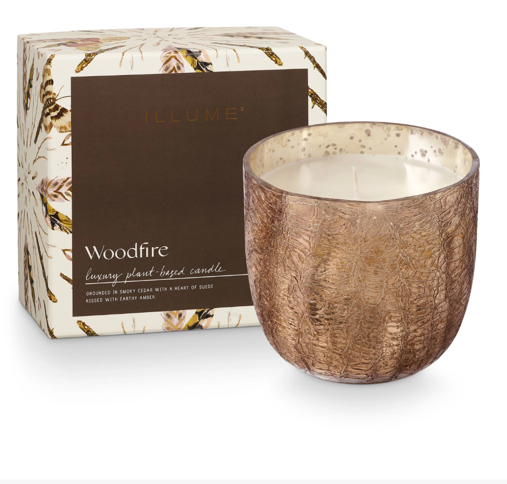 Illume Woodfire Large Boxed Crackle Glass Candle
