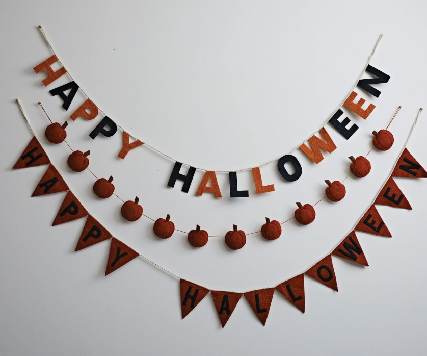 96" Handmade Wool Pennant Banner "Happy Halloween", Orange & Black