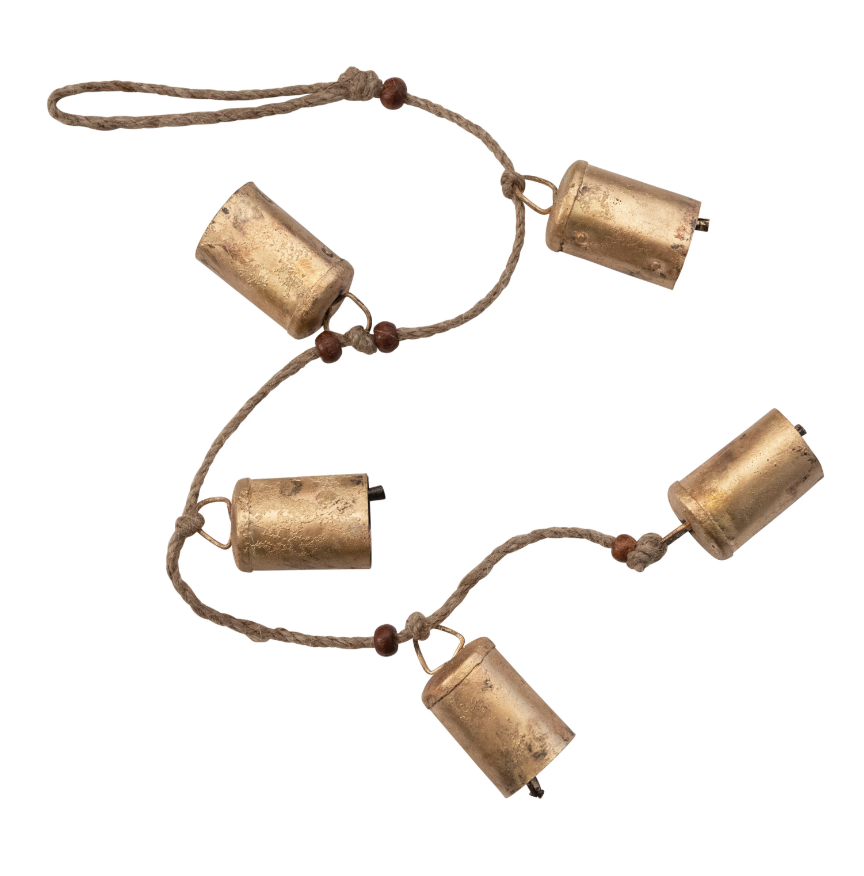 28" Hanging Antique Brass Metal Bells w/ Wood Beads & Jute Rope