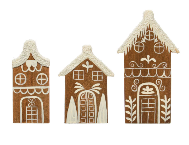 Hand-Painted Pine Wood Houses w/ Faux Snow,  Boxed Set of 3