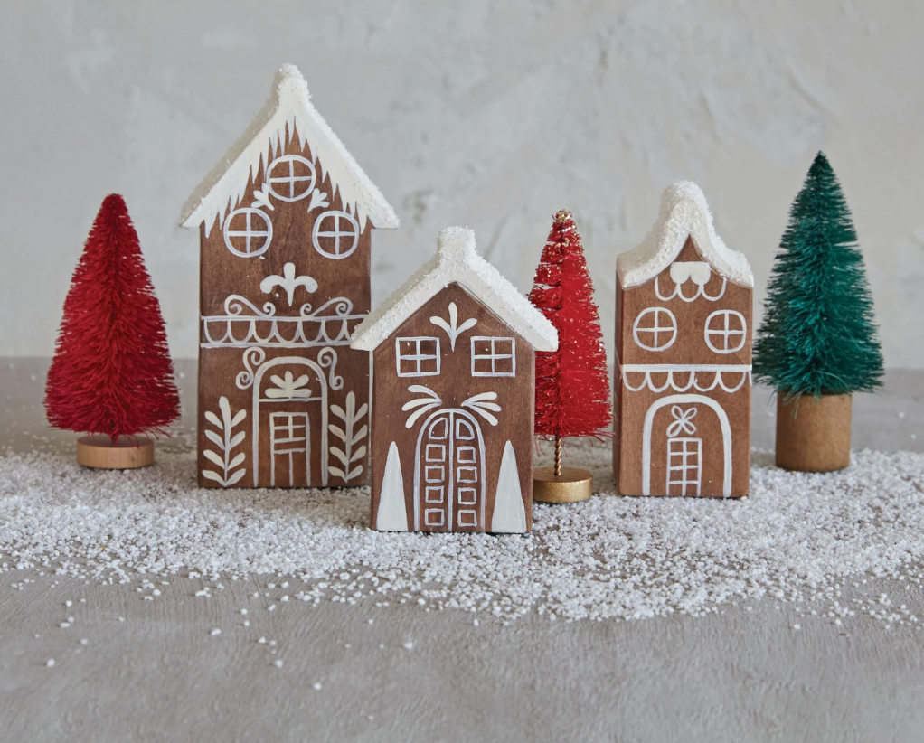 Hand-Painted Pine Wood Houses w/ Faux Snow,  Boxed Set of 3