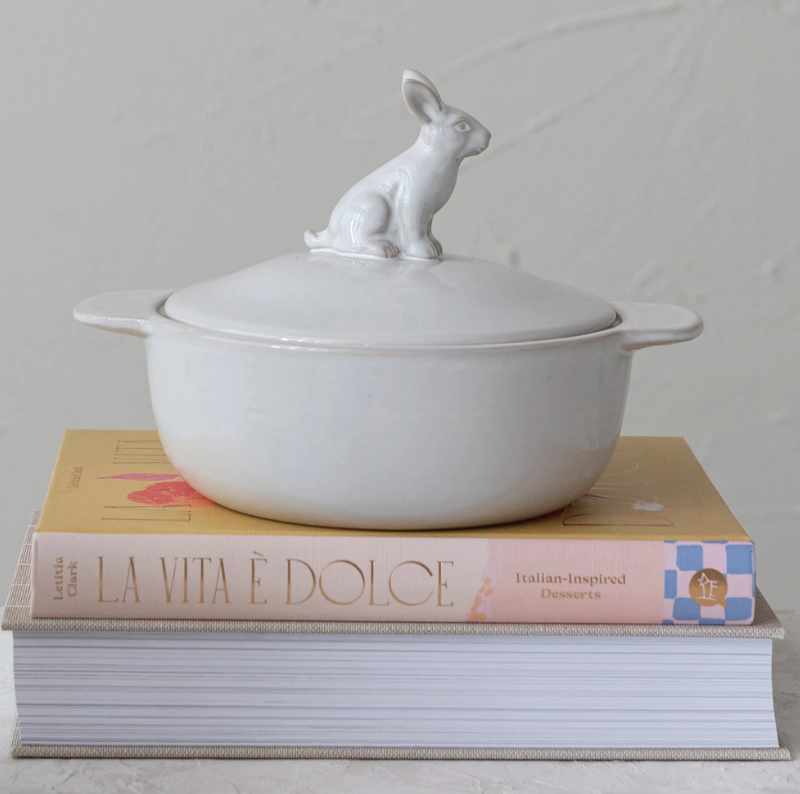 Stoneware Baker w/ Rabbit Finial, White