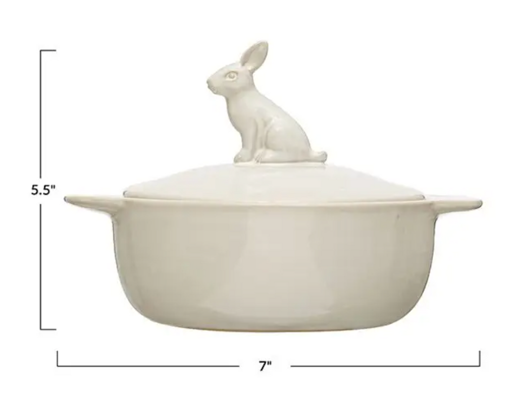 Stoneware Baker w/ Rabbit Finial, White