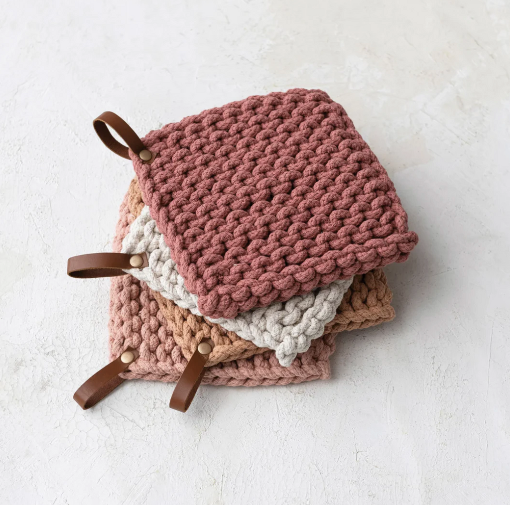8" Crocheted Pot Holder w/ Leather Loop, 4 Colors