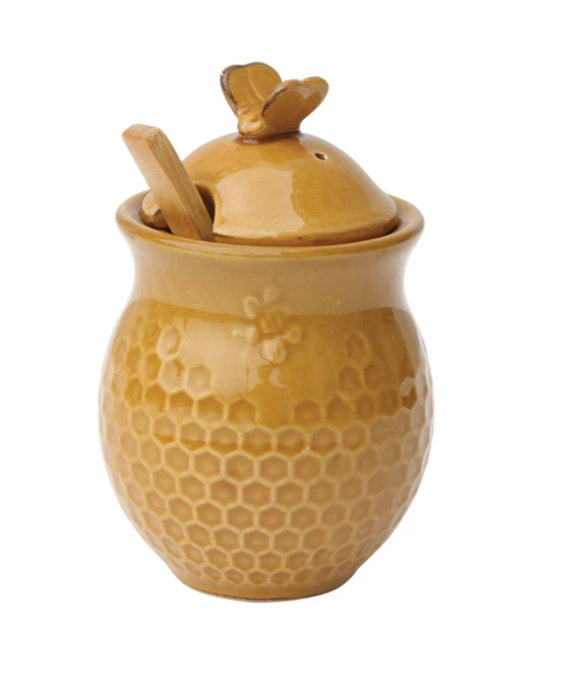 Stoneware Honeycomb Honey Jar w/ Wood Dipper