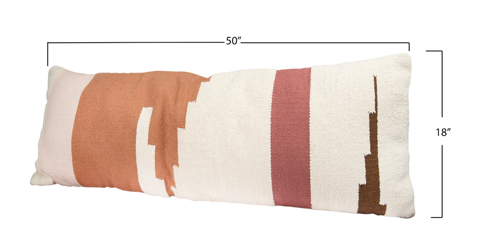 50" x 18" Hand Woven Cotton Kilim Lumbar Pillow, Multi Colored