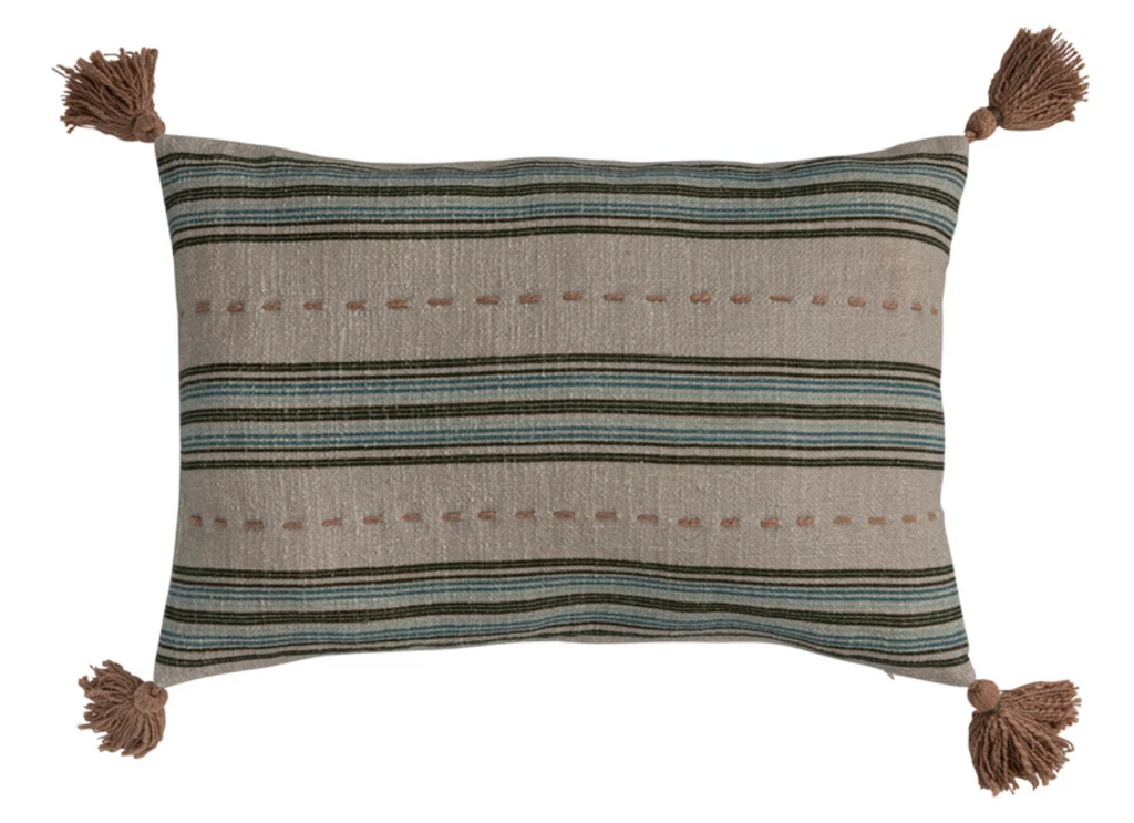 20" Striped Cotton Slub Lumbar Pillow w/ Tassels