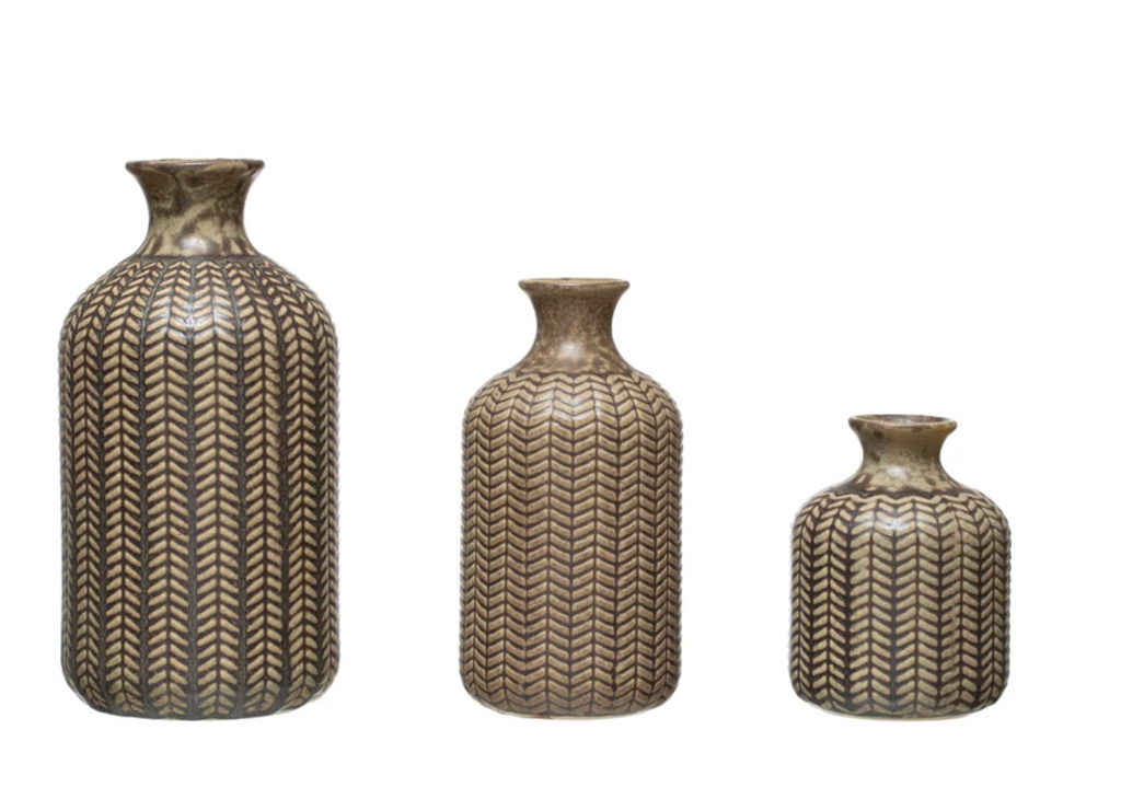 Embossed Olive Stoneware Vase, Reactive Glaze, 3 Sizes