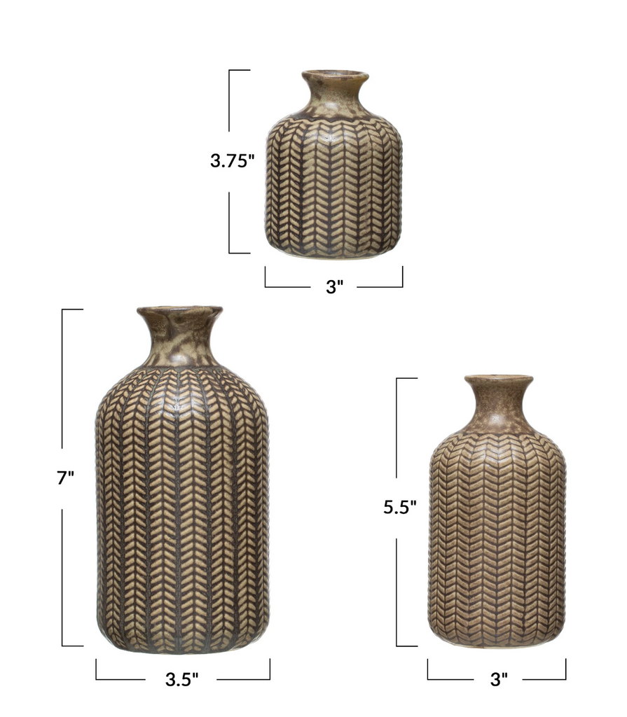Embossed Olive Stoneware Vase, Reactive Glaze, 3 Sizes