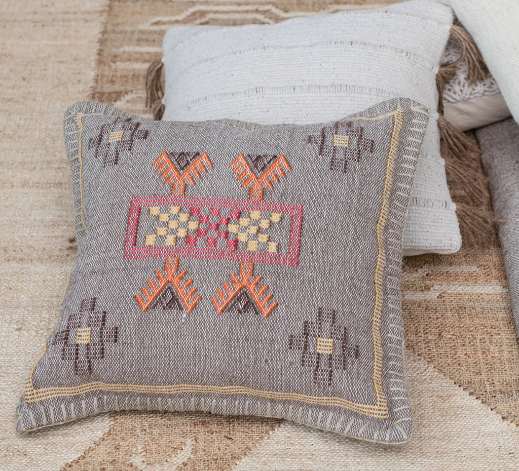 18" Square Hand-Woven Cotton Pillow w/ Embroidery & Blanket Stitch, Multicolor