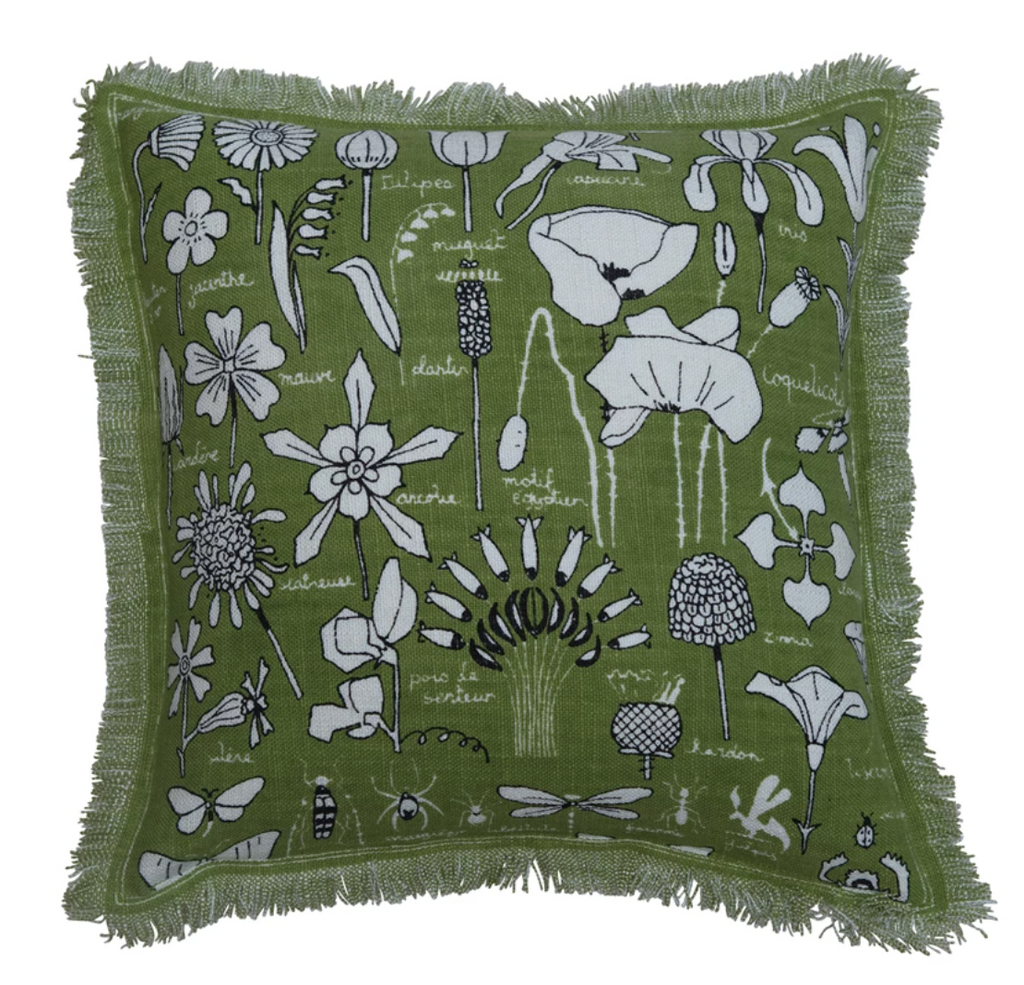 18" Garden Print Embroidered Pillow w/ Fringe, Mossy Green