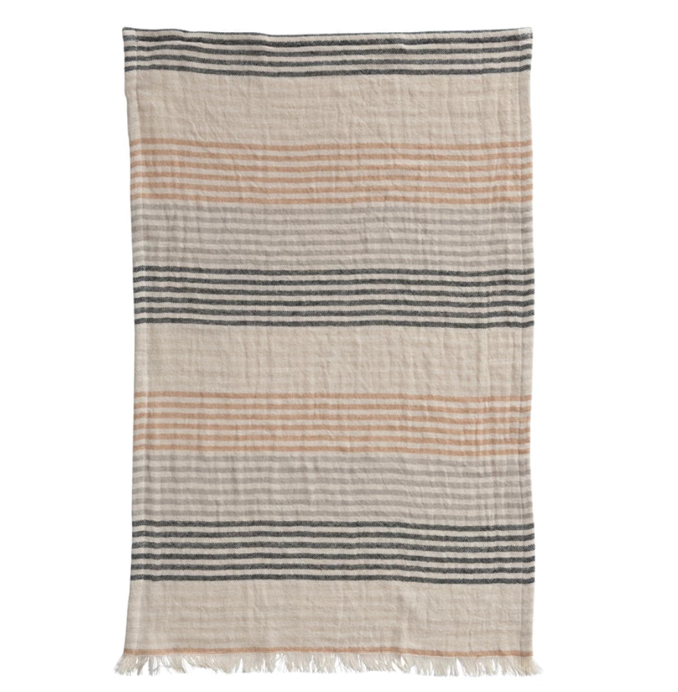 Woven Cotton Double Cloth Tea Towel, Stripes & Fringe