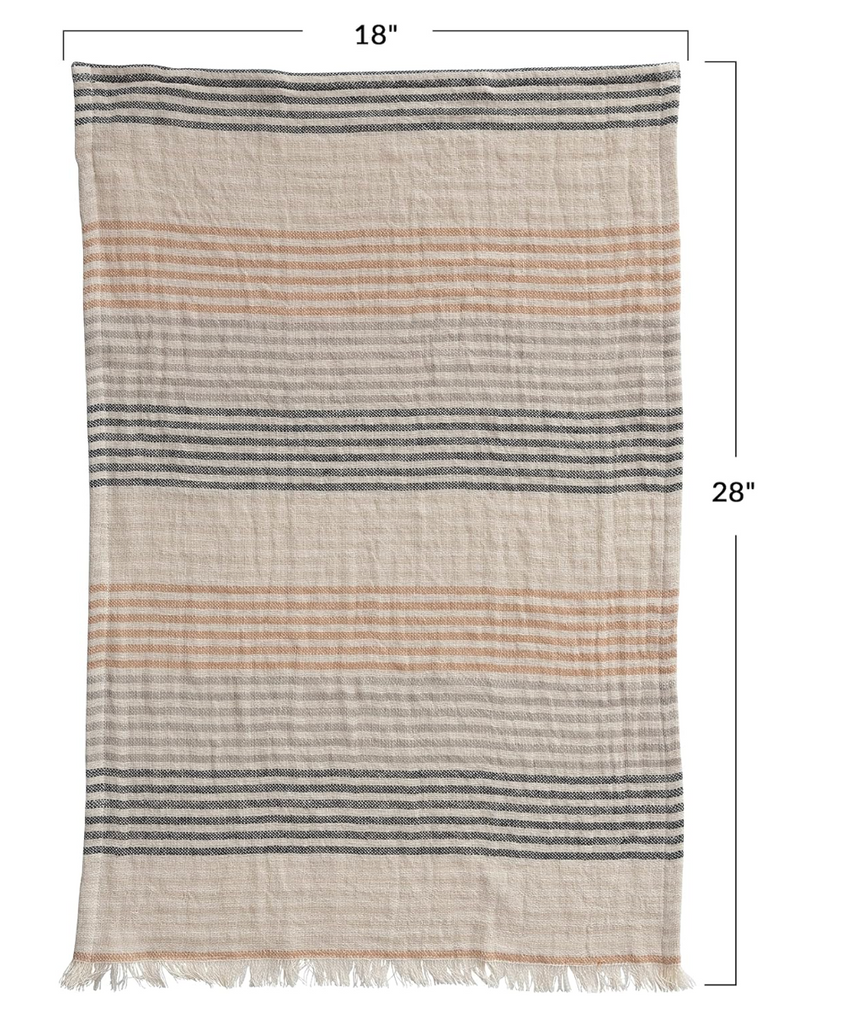 Woven Cotton Double Cloth Tea Towel, Stripes & Fringe