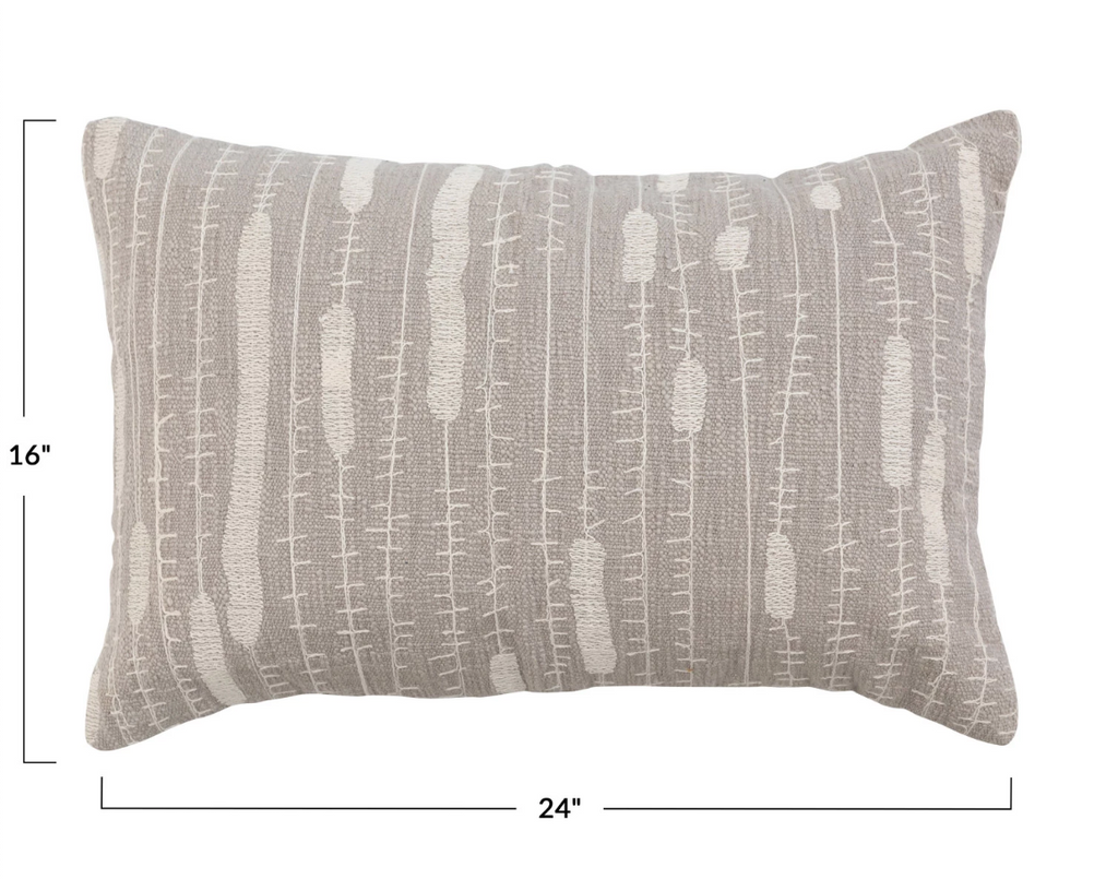24" x 16" Cotton Lumbar Pillow w/ Embroidery, Grey & Cream