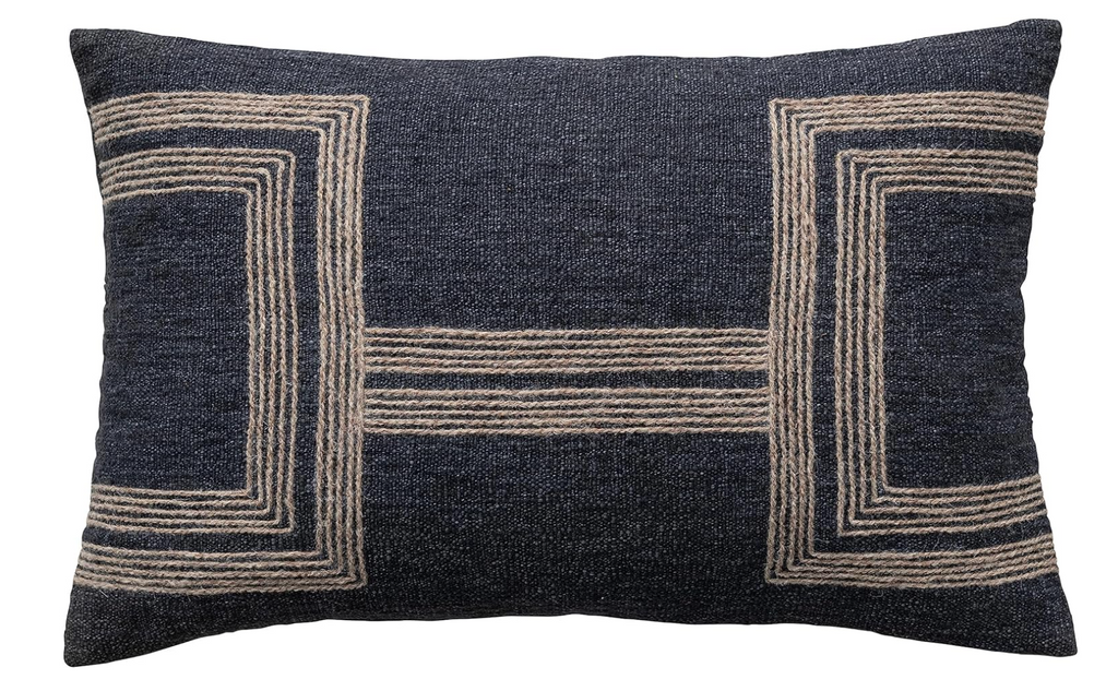 24" Jute Embroidered Cotton Lumbar Pillow, Charcoal